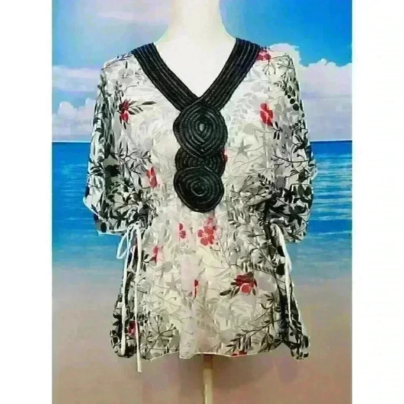 STUDIO Y Womans Sheer Shirt Lightweight Butterfly top Gathered Tie Waist size Sm - Picture 2 of 5